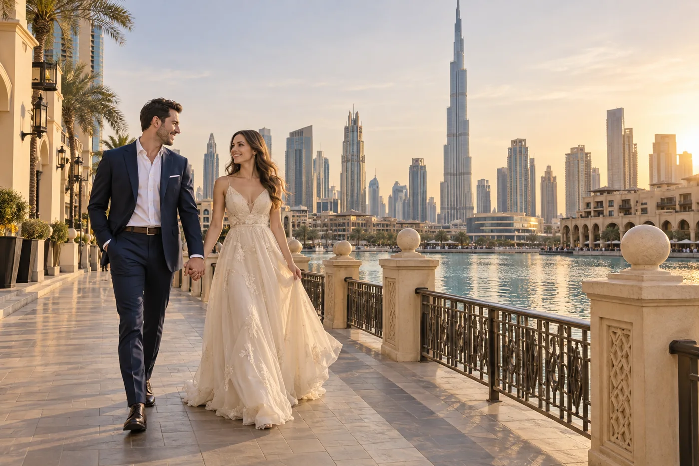 Couple walking beside the Dubai skyline with Burj Khalifa