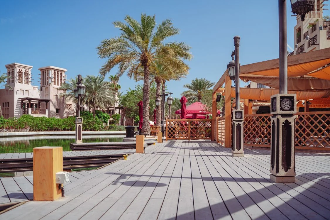 Waterfront boardwalk and traditional architecture at Madinat Jumeirah, Dubai