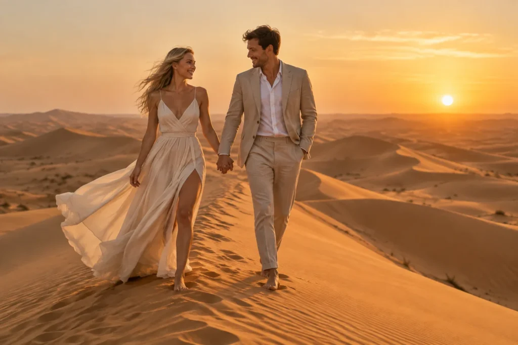 Couple walking on desert dunes in Dubai