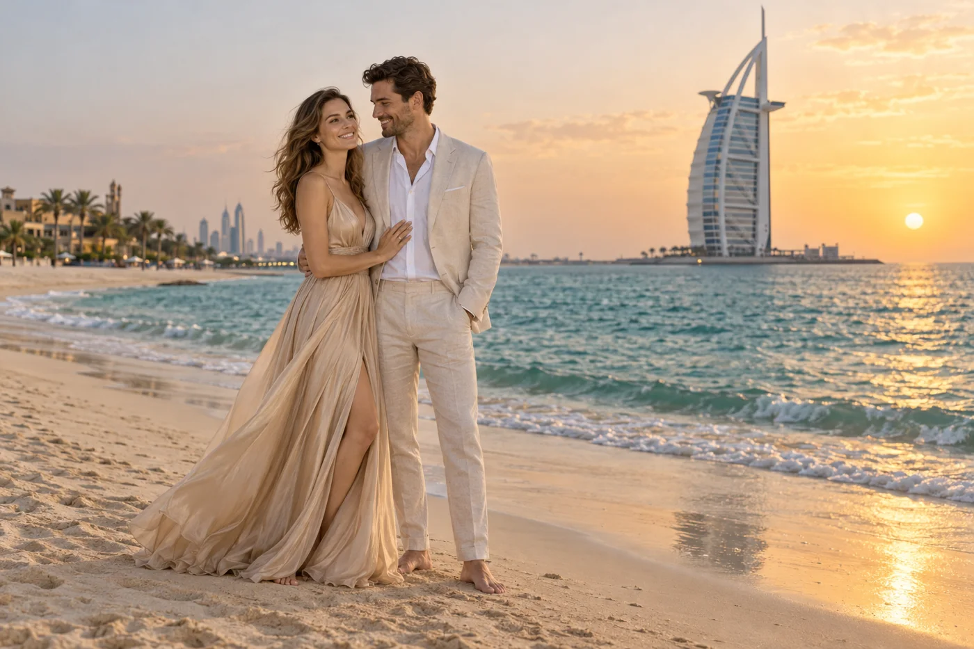 Couple walking along a beach at golden hour