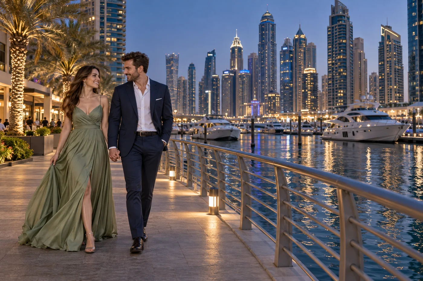 Couple at the Dubai Marina waterfront at dusk