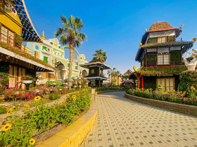 Colourful architecture and gardens inside Global Village in Dubai