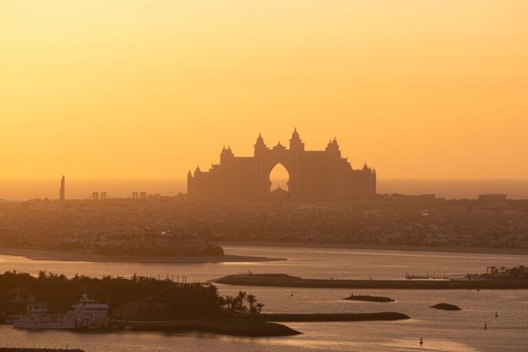 Atlantis The Palm hotel at sunset seen from the Palm Jumeirah waterfront in Dubai