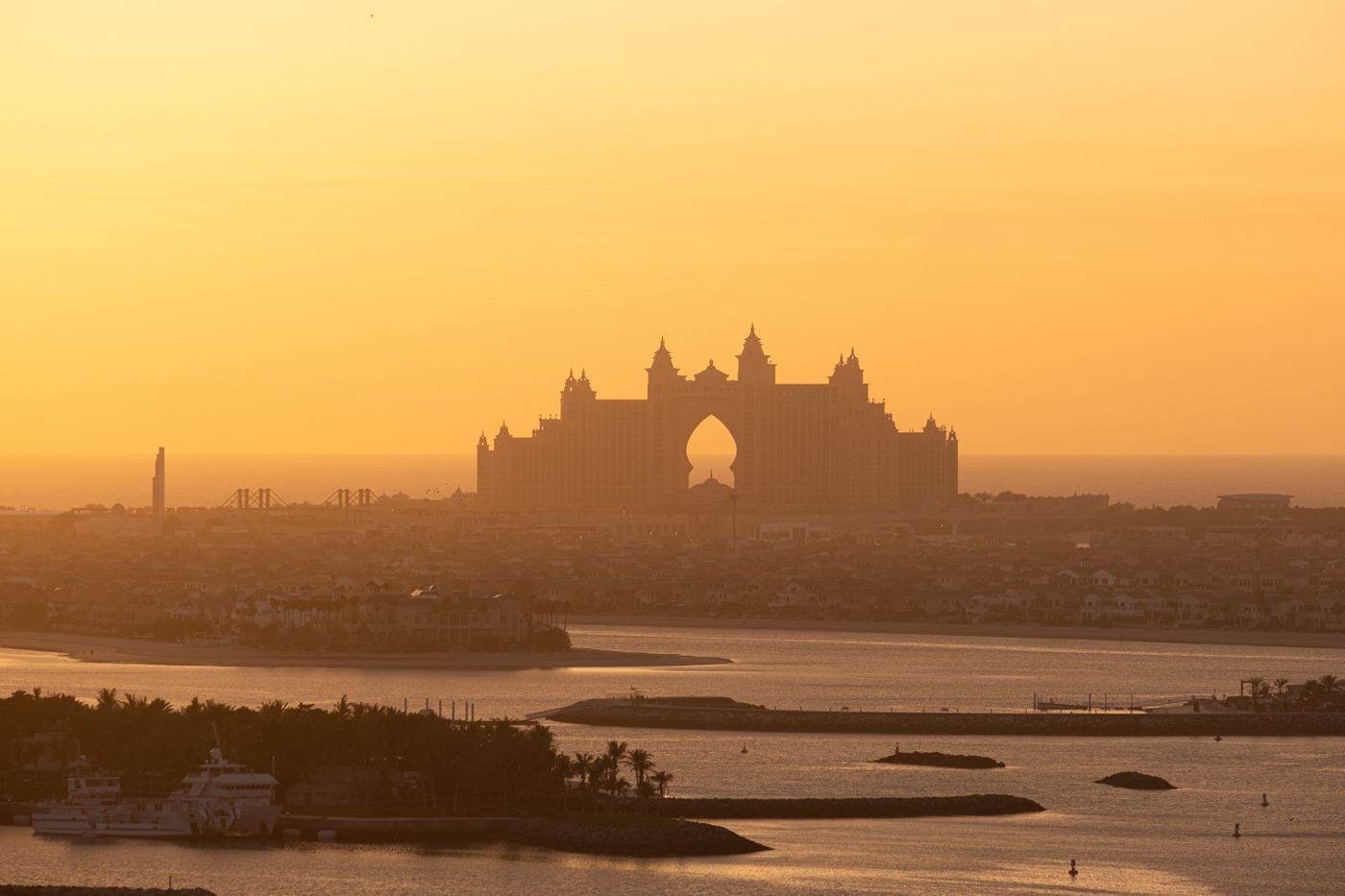 Atlantis The Palm hotel at sunset seen from the Palm Jumeirah waterfront in Dubai